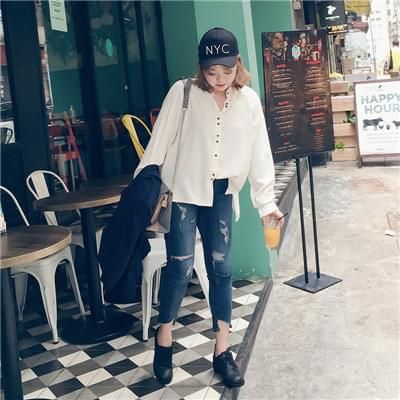 破洞韓版直筒九分褲